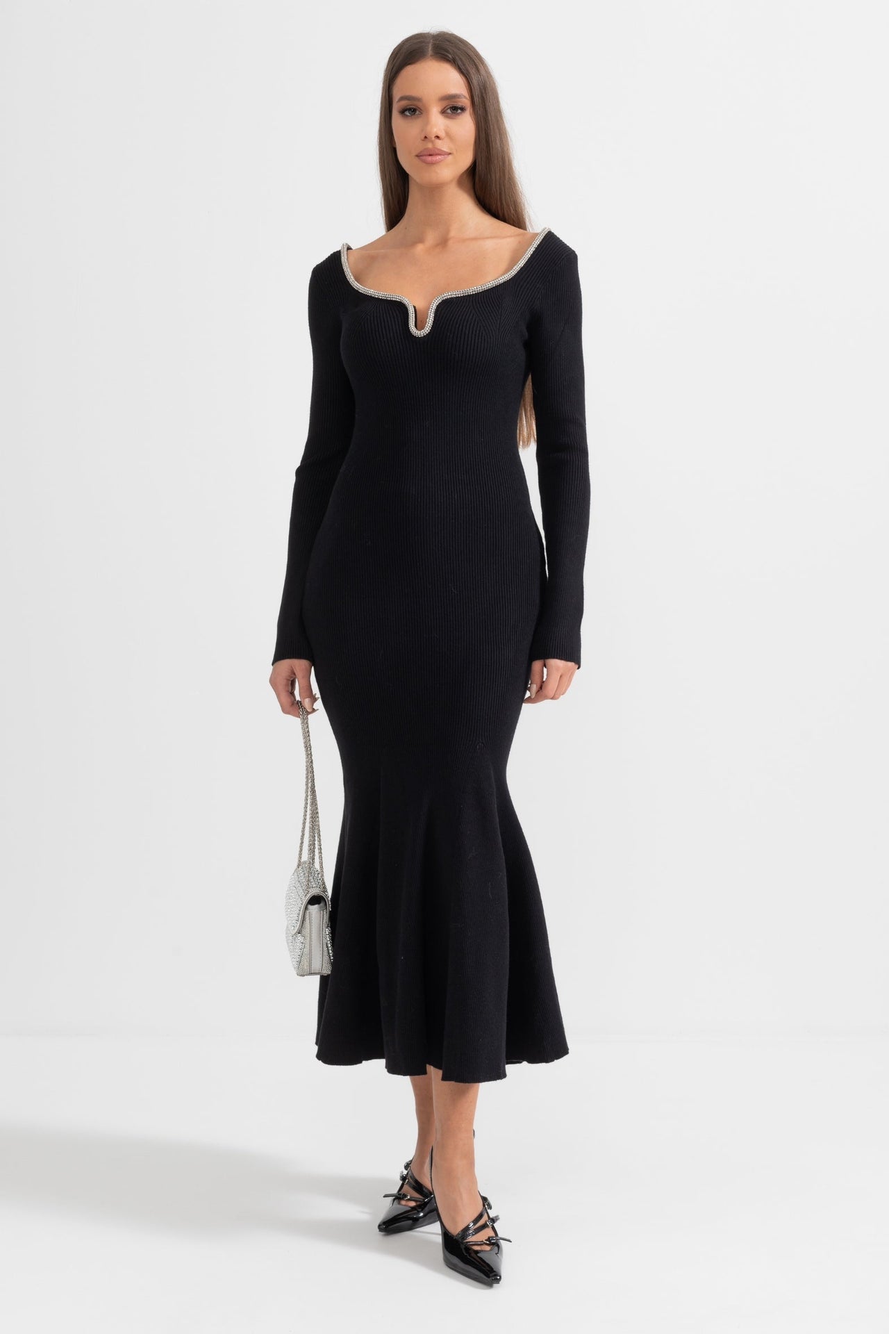 Long Sleeve Dress with Fitted Bodice and Flared Hem - Black