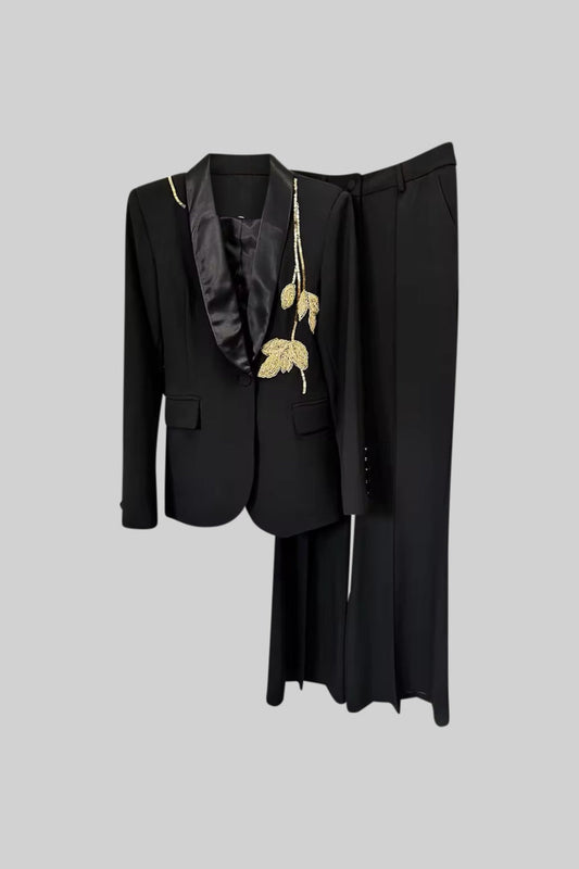 Luxurious Tailored Gilded Leaf Embroidered Blazer & Pants - Black