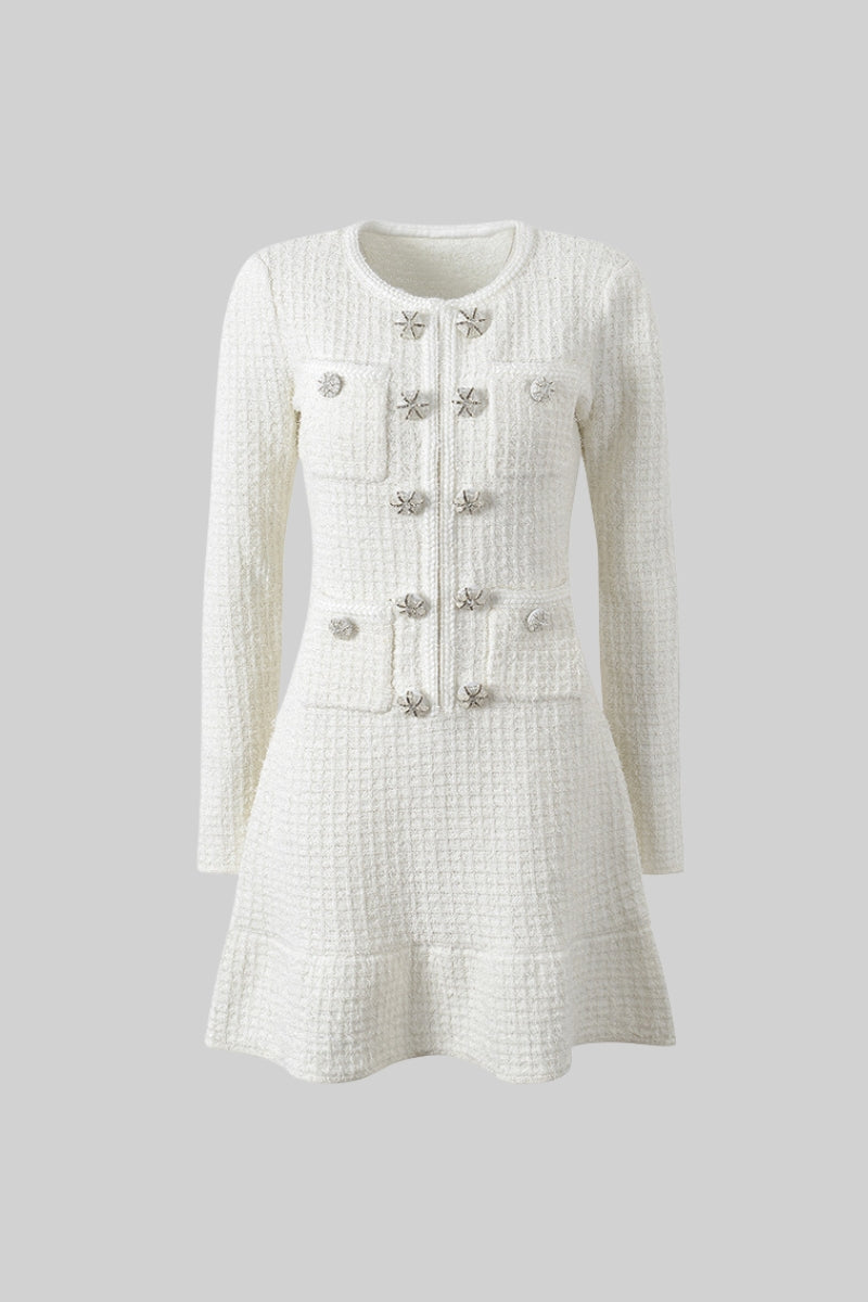 Long Sleeve Knee-Length Knitted Dress - White