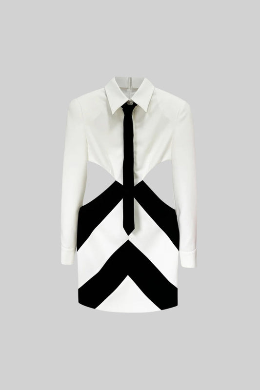 Contemporary Dress With Integrated Shirt Top and Necktie - White