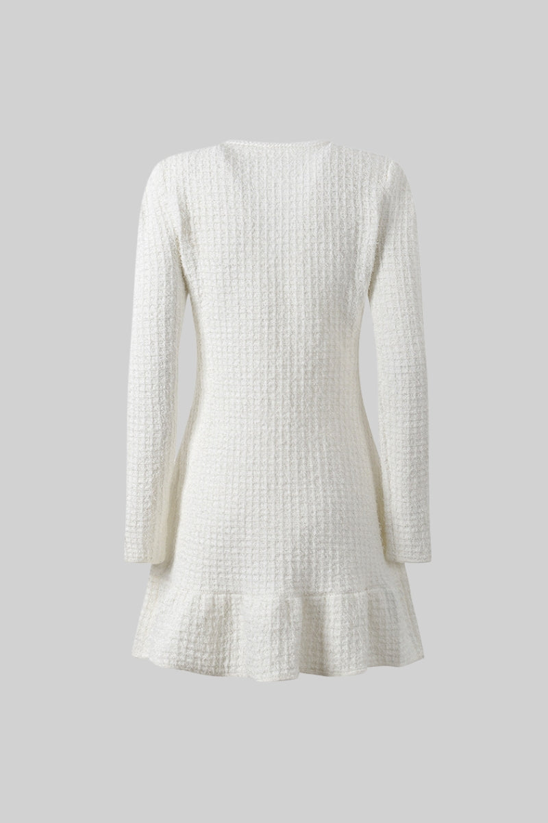 Long Sleeve Knee-Length Knitted Dress - White