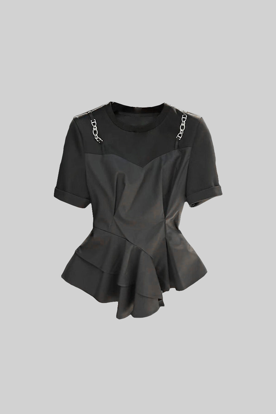 Asymmetrical Pleated Top With Shoulder Chains - Black