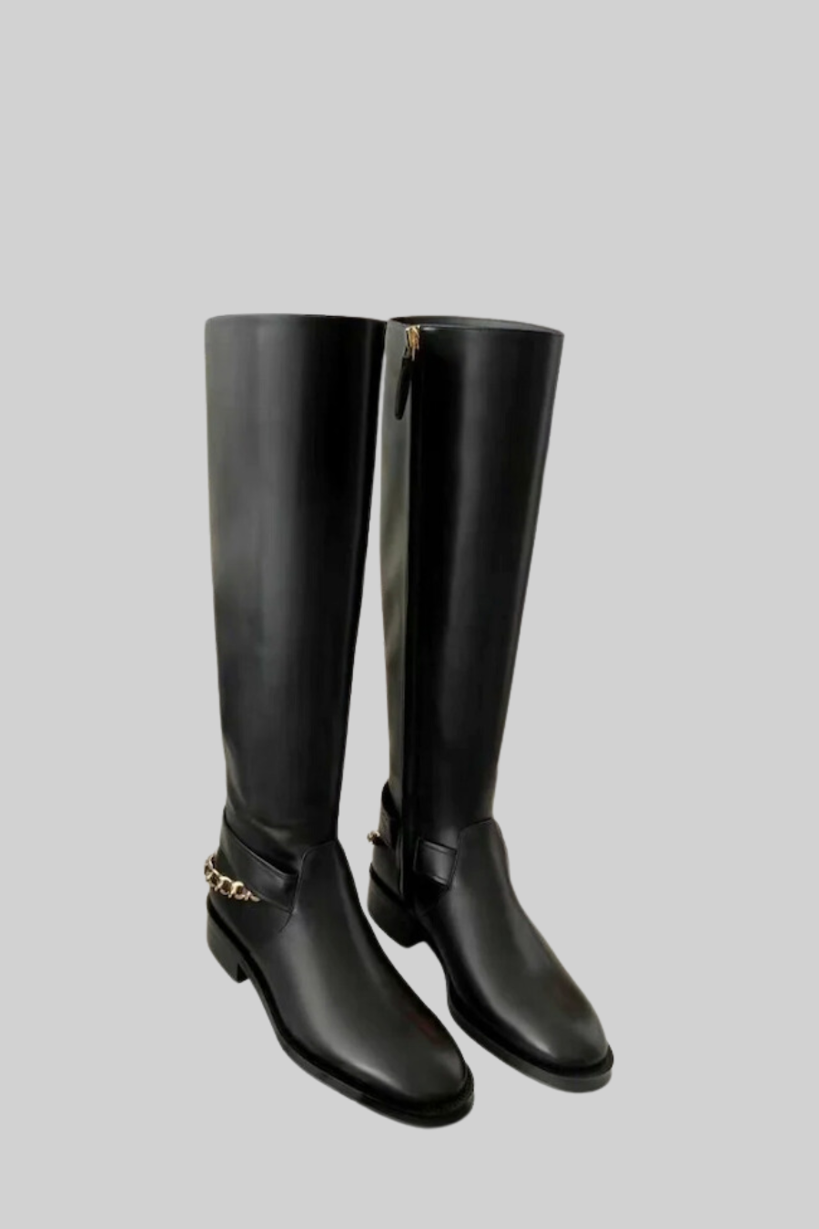 Equestrian Style Leather Boots With Back Chain - Black