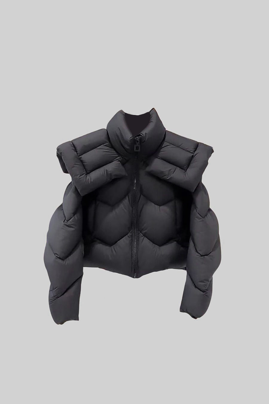 Contemporary Puffer Jacket With Oversized Shoulder Pads - Black