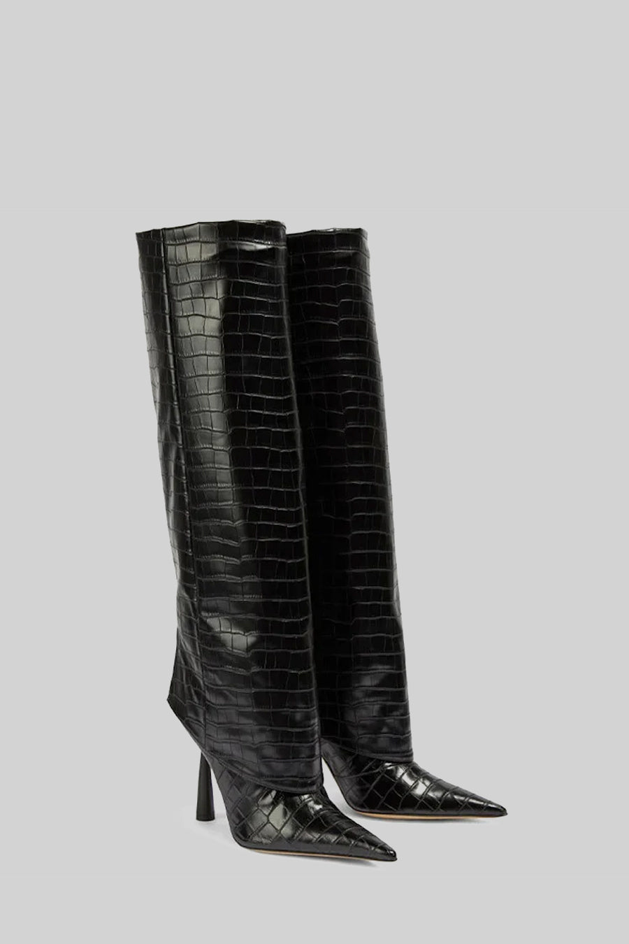 Knee-High Alligator Skin Pattern Pointed Boots - Black