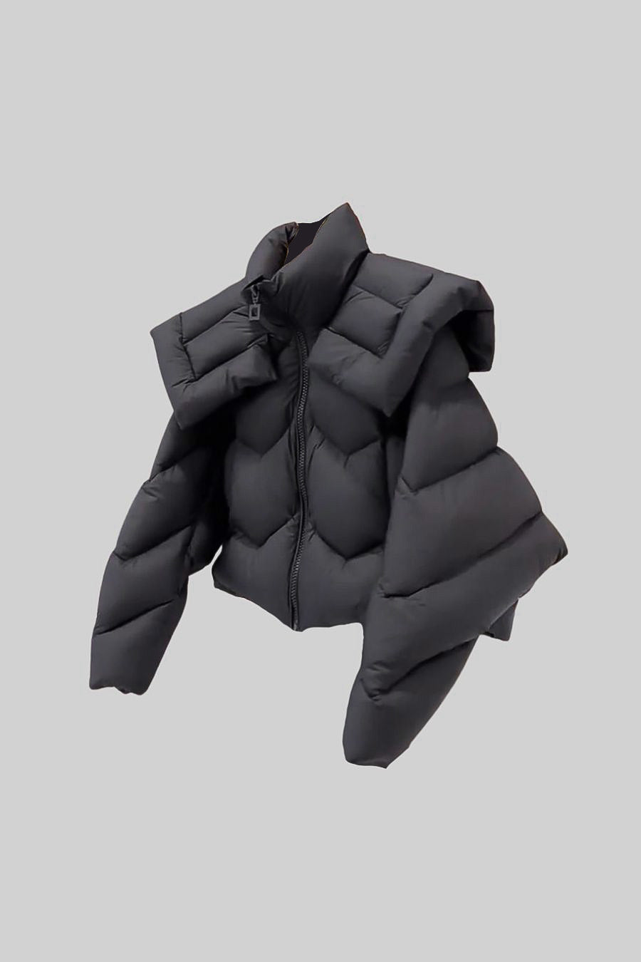 Contemporary Puffer Jacket With Oversized Shoulder Pads - Black