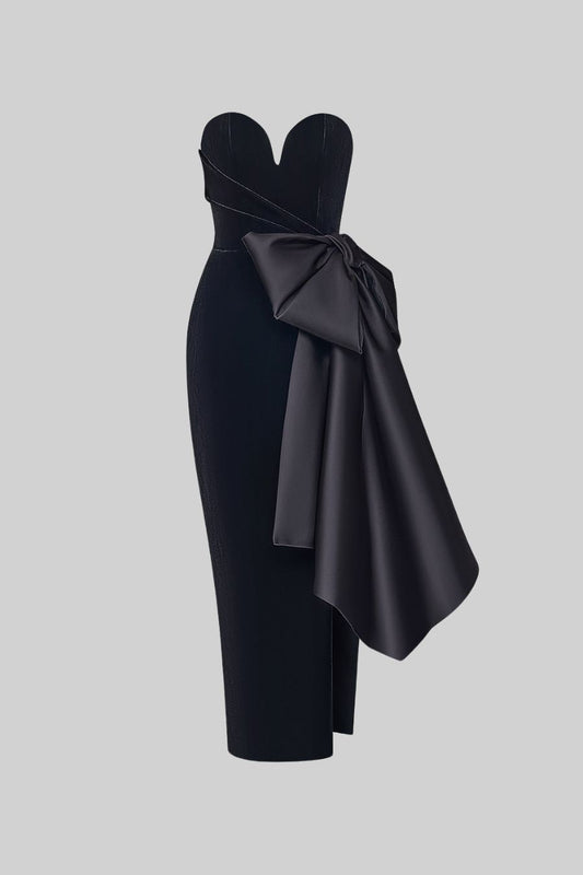 Elegant Strapless Dress With Draped Satin Bow - Black