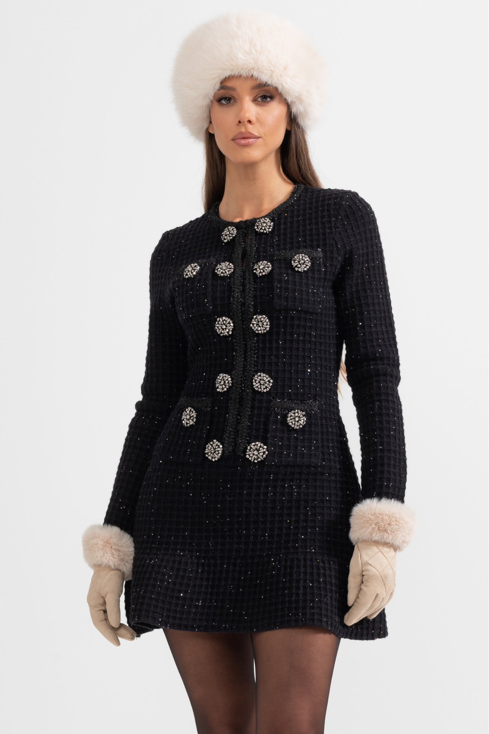 Long Sleeve Knee-Length Knitted Dress - Black