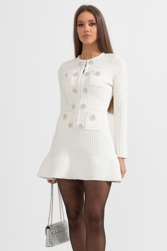 Long Sleeve Knee-Length Knitted Dress - White