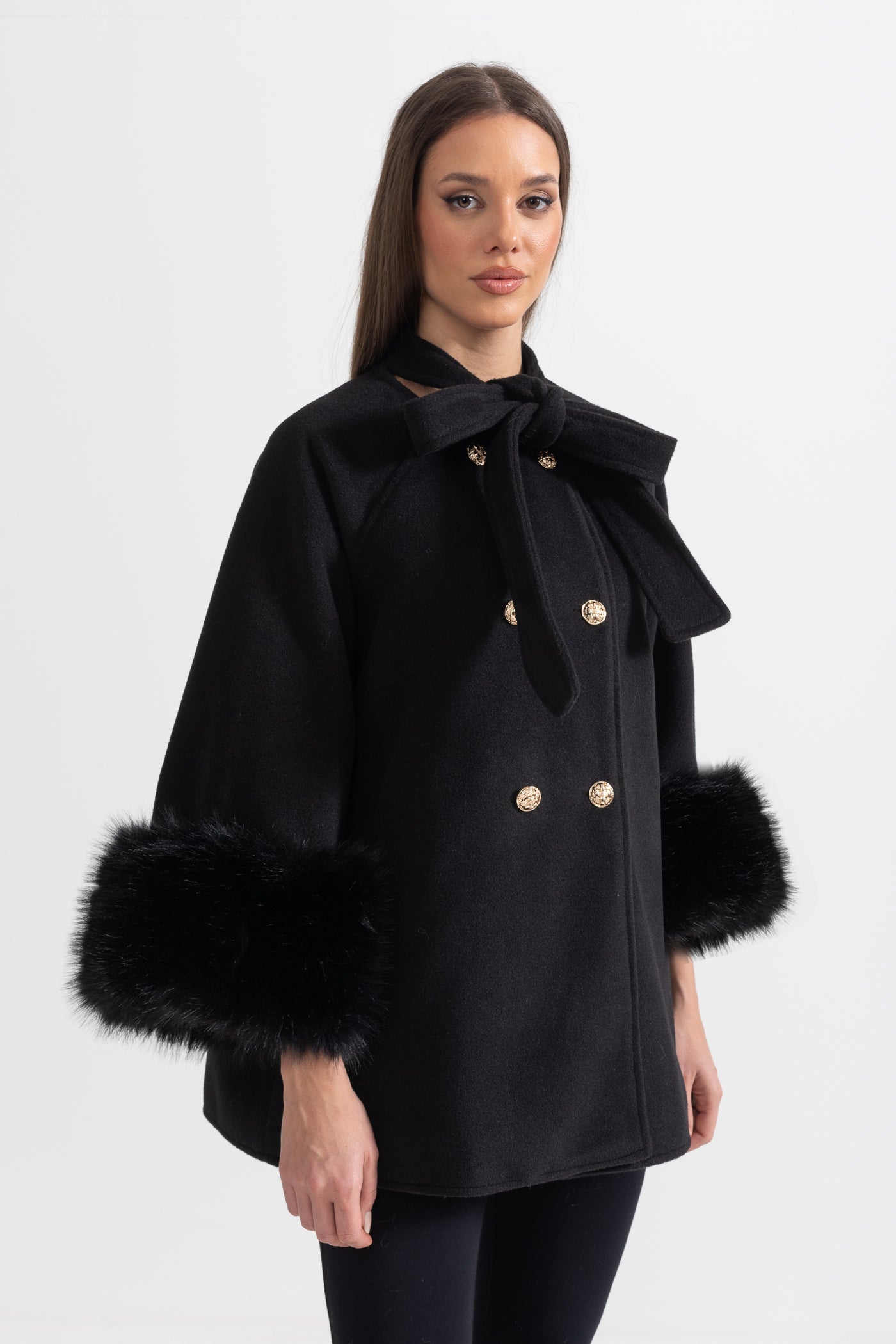 Double Breasted Overcoat With Fur Cuff Accents And Neckline Ribbon - Black