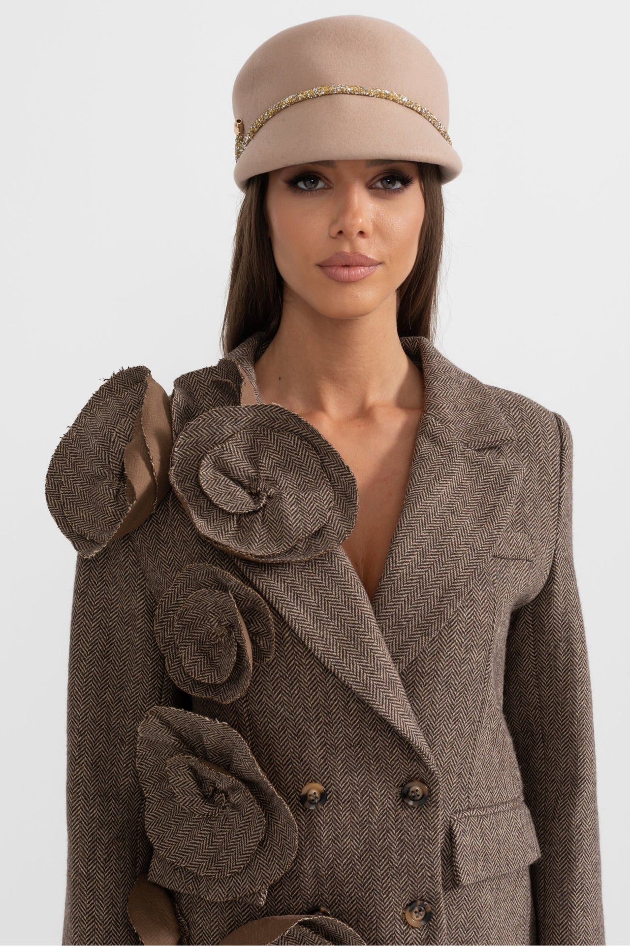 Blomsterpyntet dobbeltbrystet tweed blazer - brun