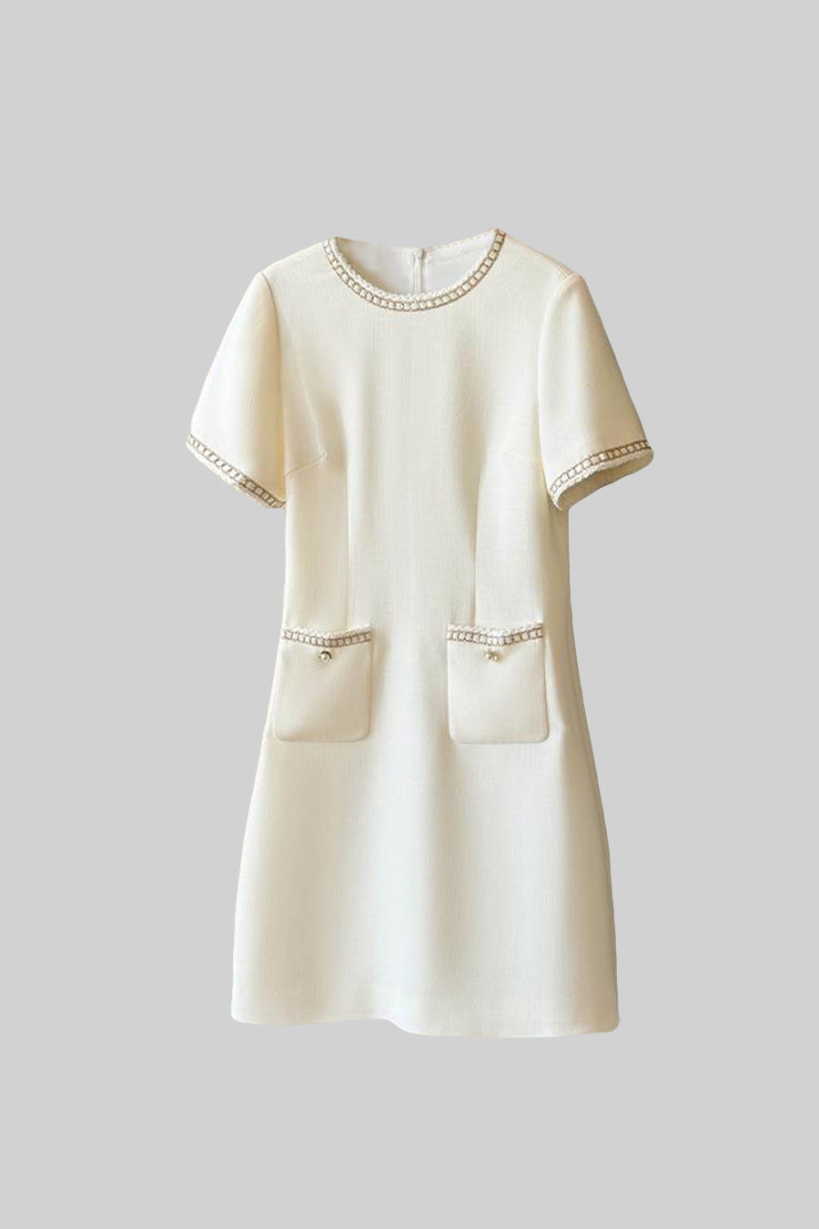 Short Sleeve Dress With Gold Stitching Details - Ivoire