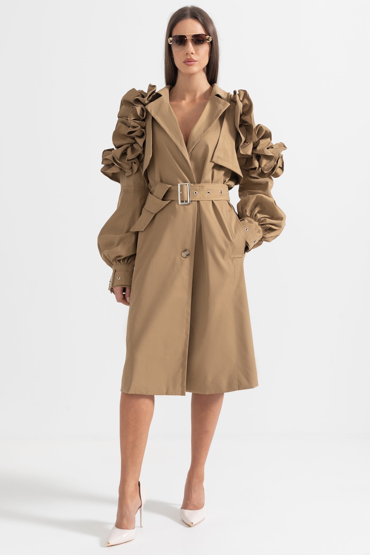 Ruffled Trench Coat - Brown