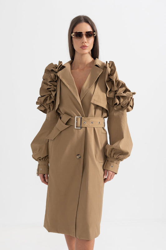 Ruffled Trench Coat - Brown