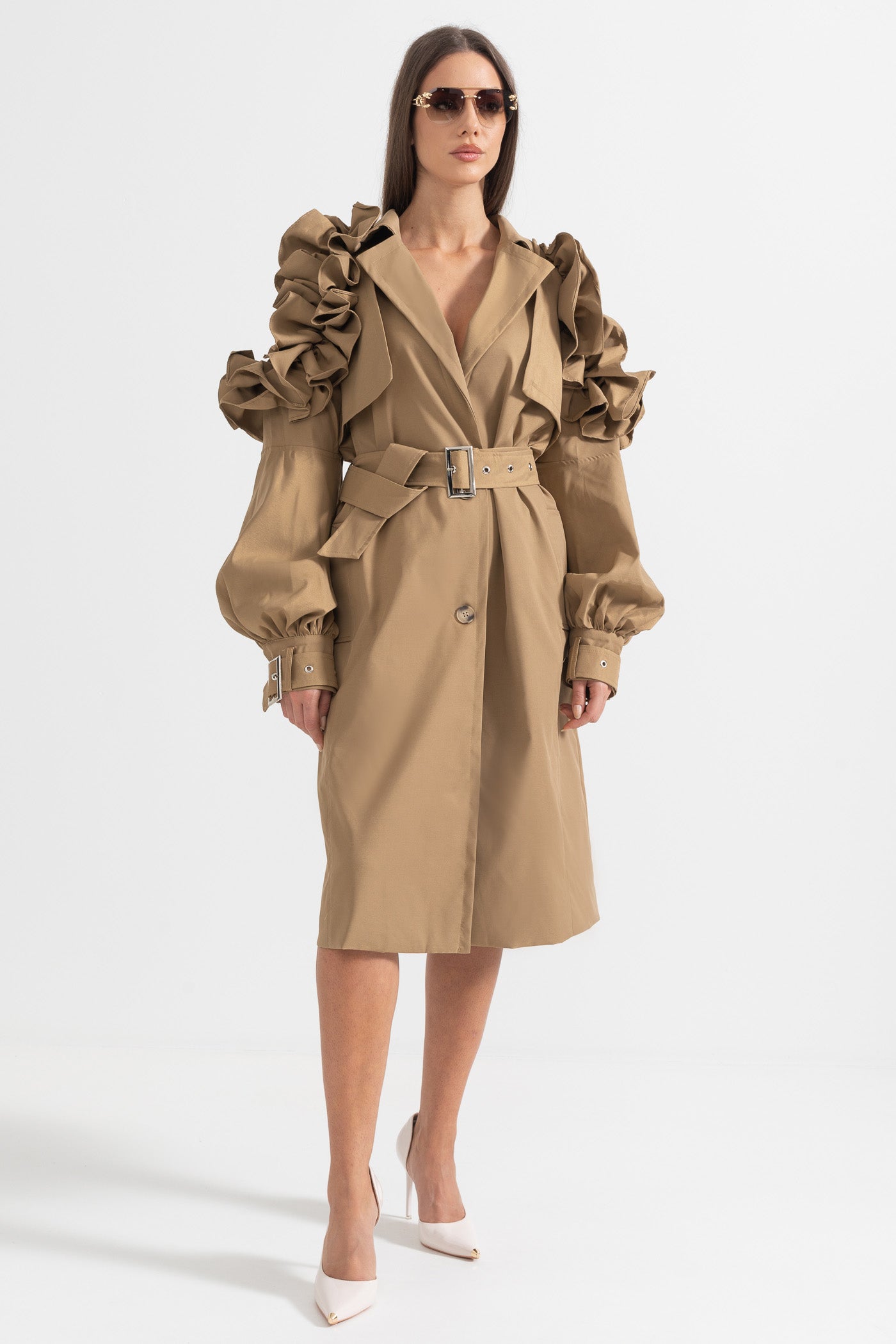 Ruffled Trench Coat - Brown