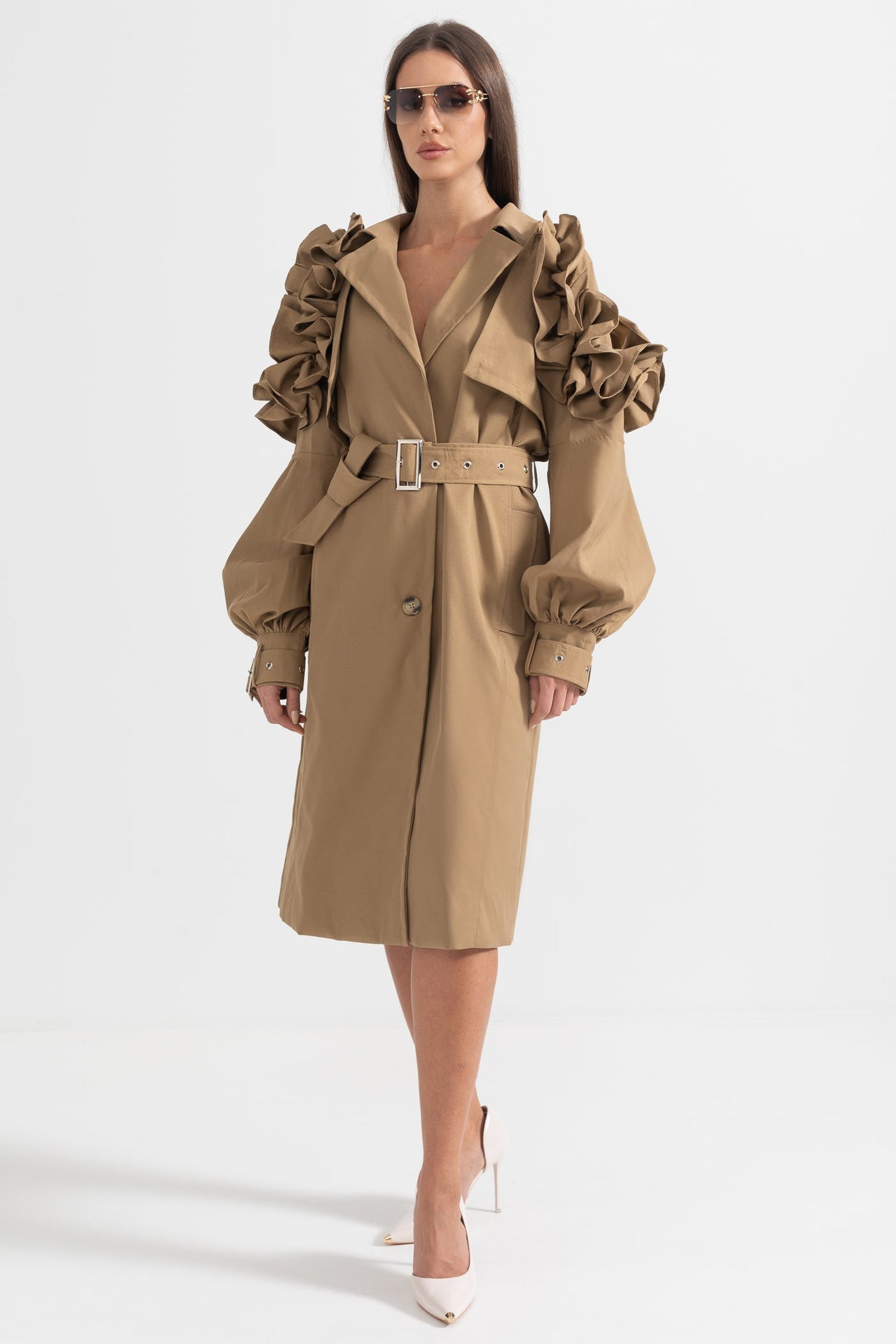 Ruffled Trench Coat - Brown