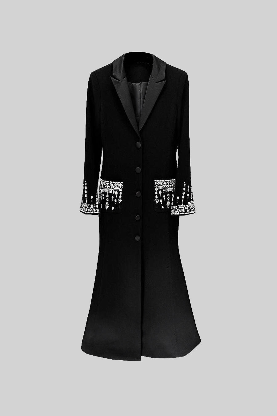 Long Silhouette Dress With Lapels & Crystal Detailing