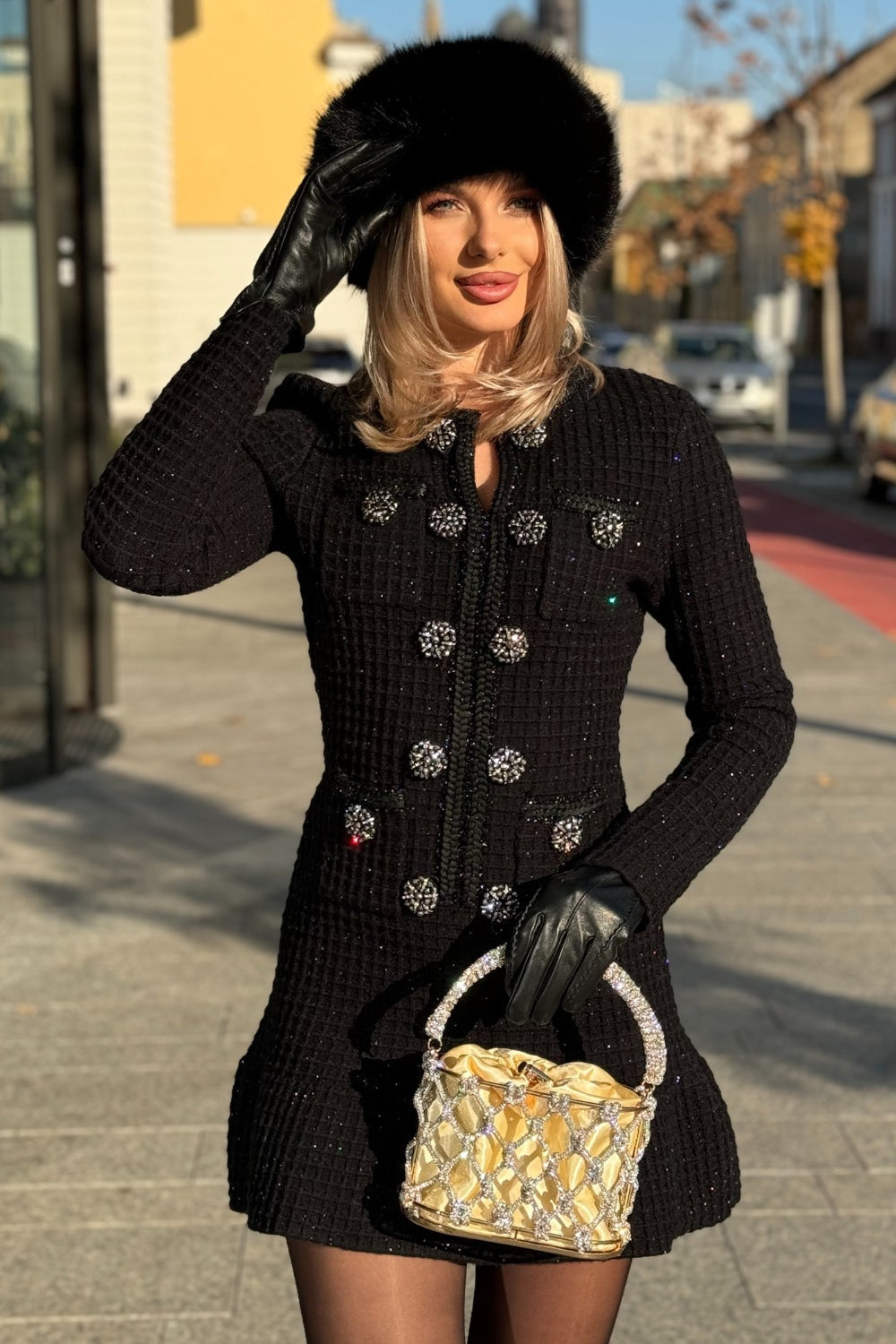 Long Sleeve Knee-Length Knitted Dress - Black