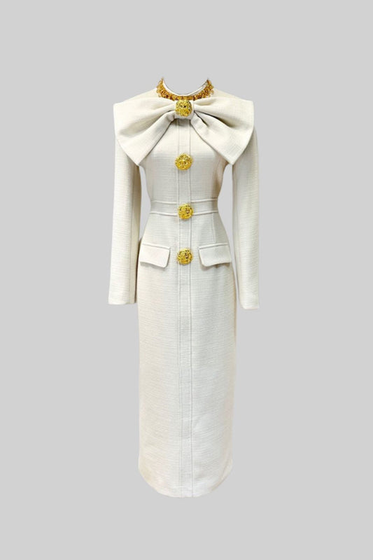 Elegant Midi Dress With Large Decorative Gold Buttons And Neckline Bow - White