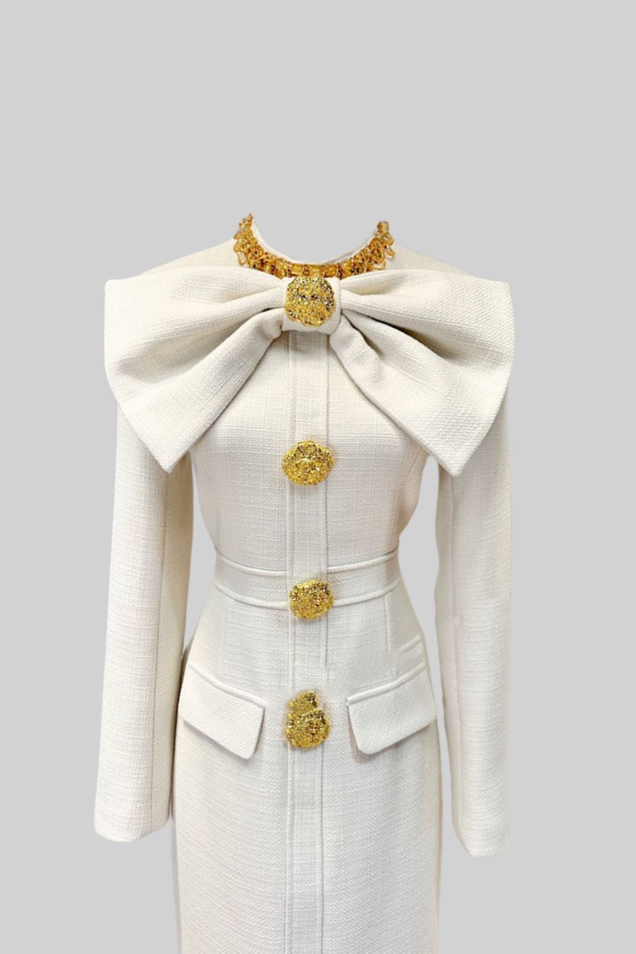 Elegant Midi Dress With Large Decorative Gold Buttons And Neckline Bow - White