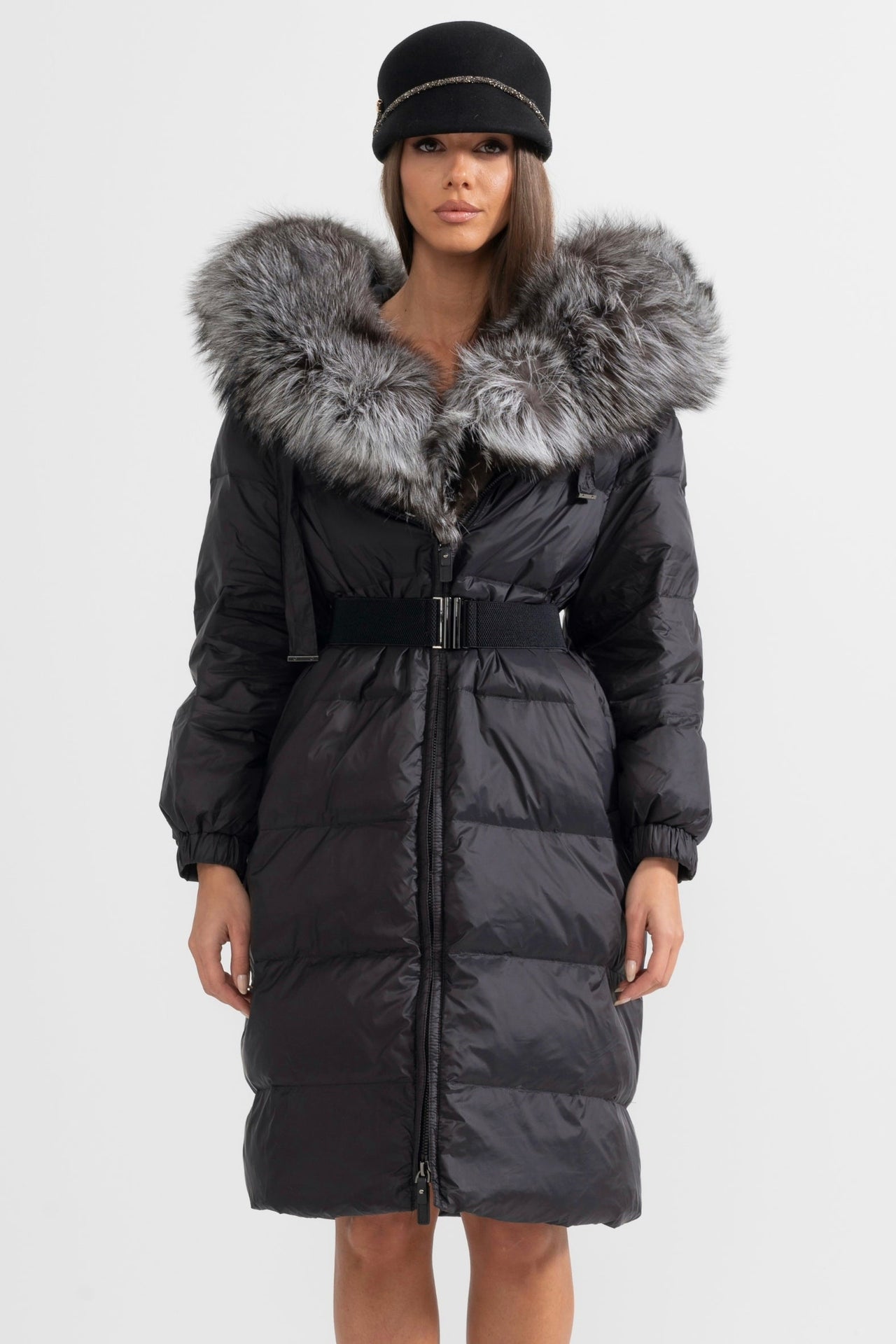 Long Puffer Jacket With Gray Fox Fur-Lined Hood - Black