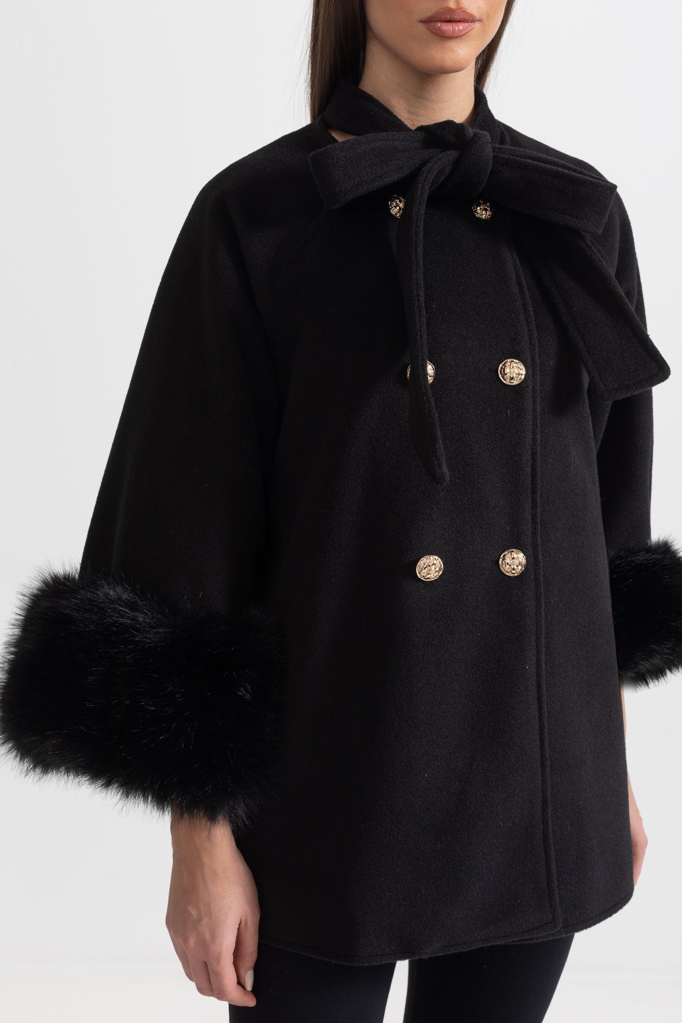 Double Breasted Overcoat With Fur Cuff Accents And Neckline Ribbon - Black