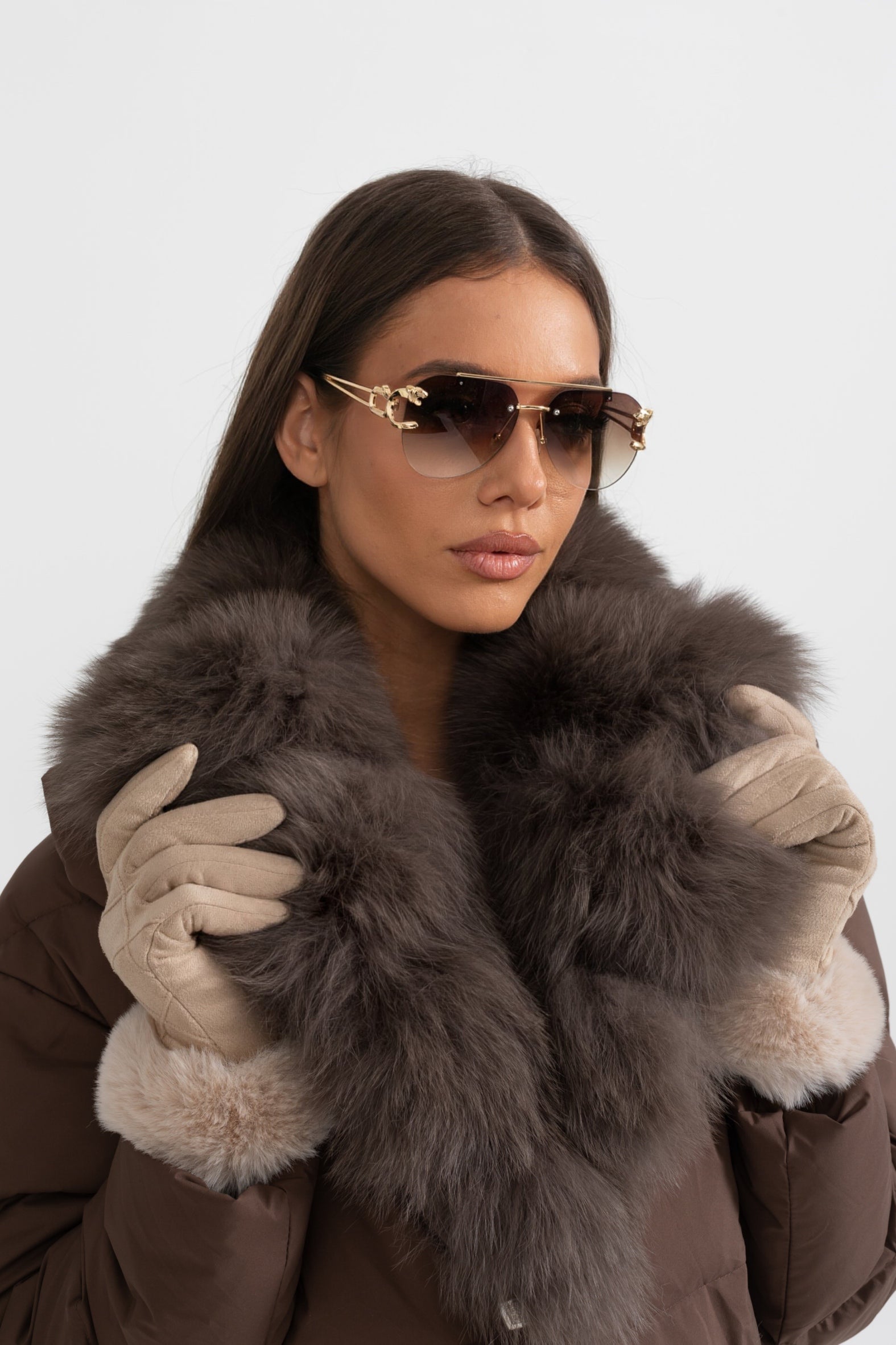 Puffer Jacket With Brown Fox Fur-Lined Hood - Brown