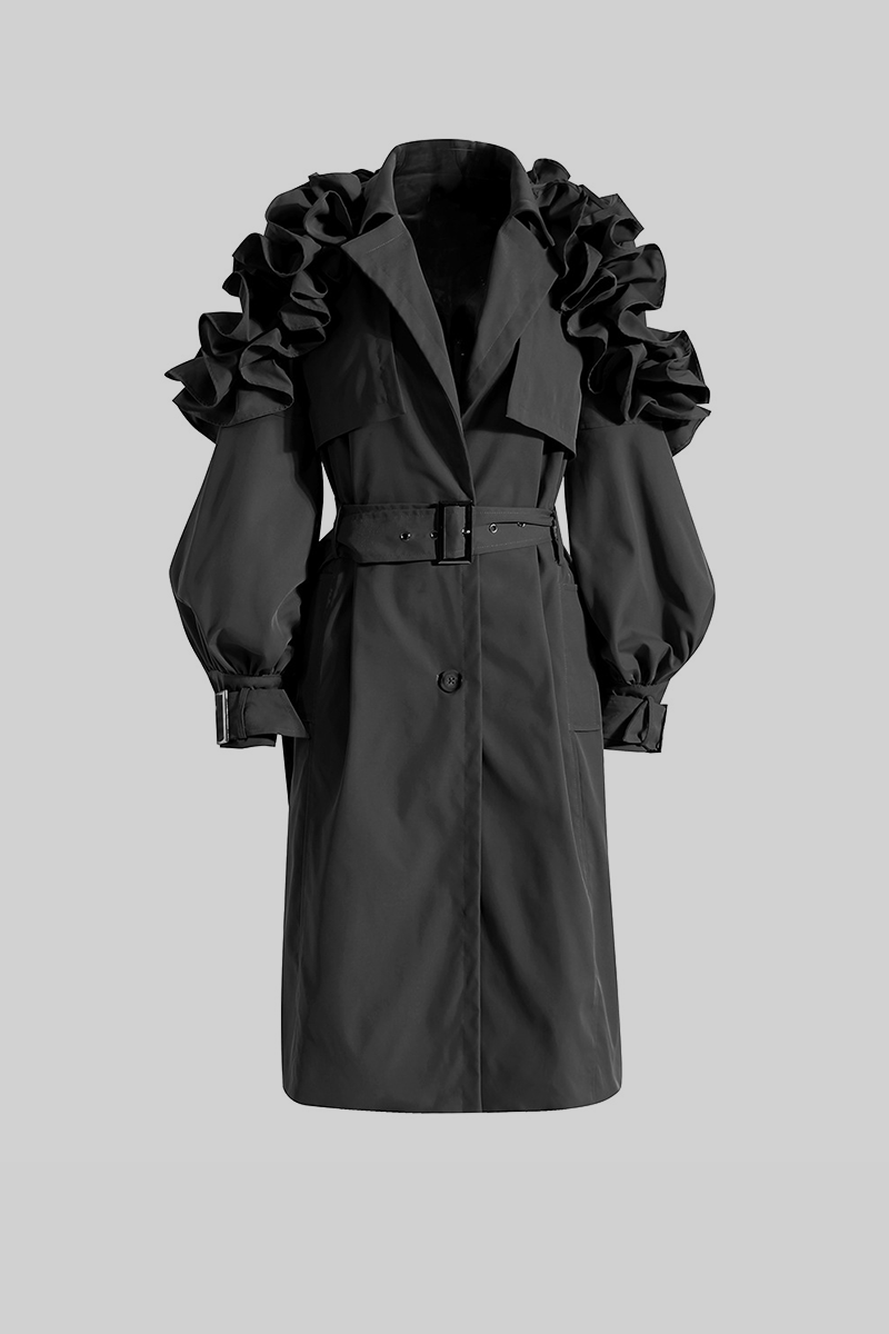 Ruffled Trench Coat - Black