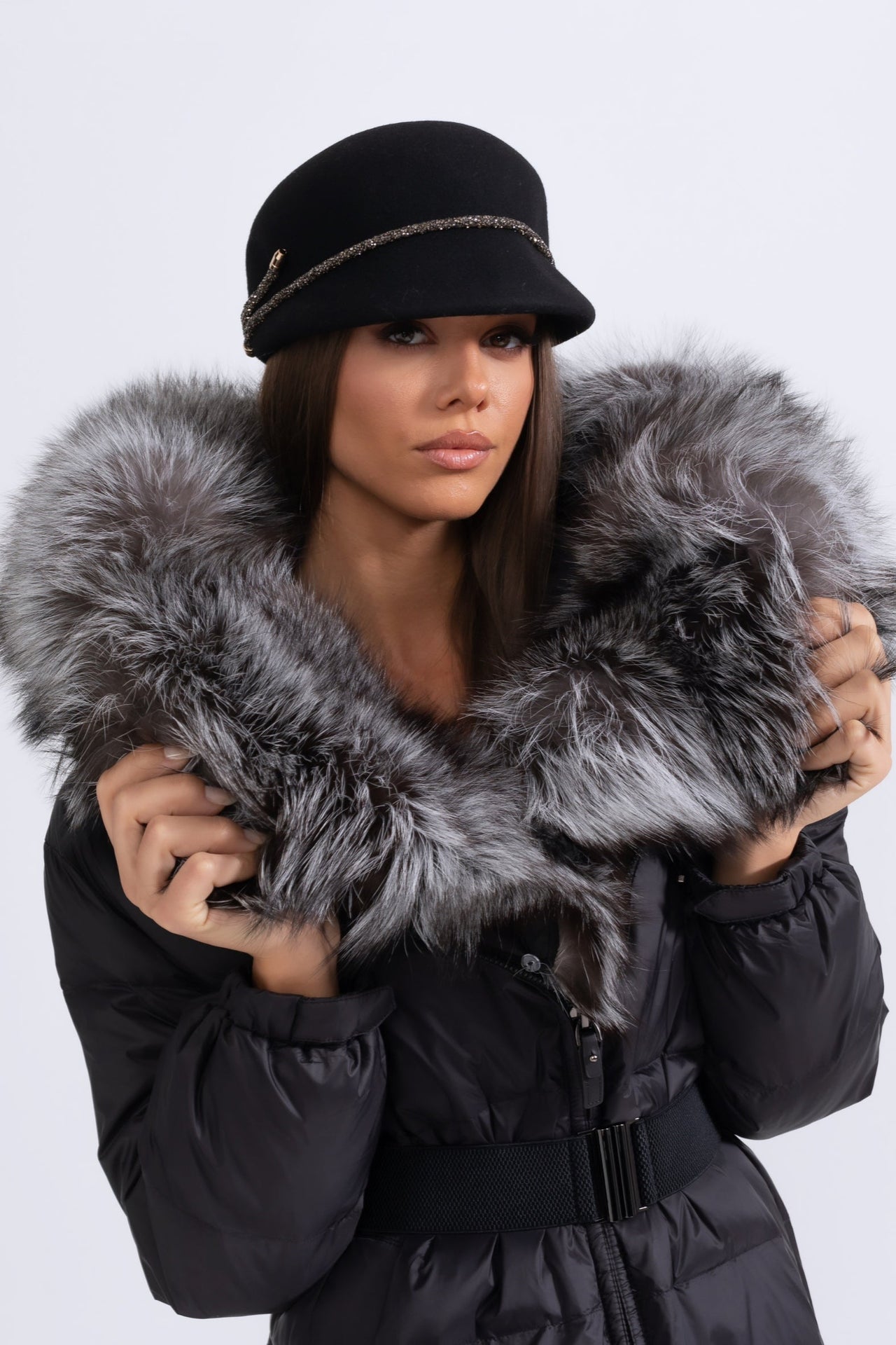 Long Puffer Jacket With Gray Fox Fur-Lined Hood - Black