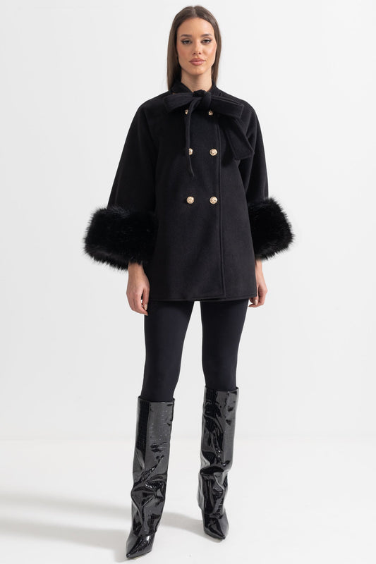 Double Breasted Overcoat With Fur Cuff Accents And Neckline Ribbon - Black