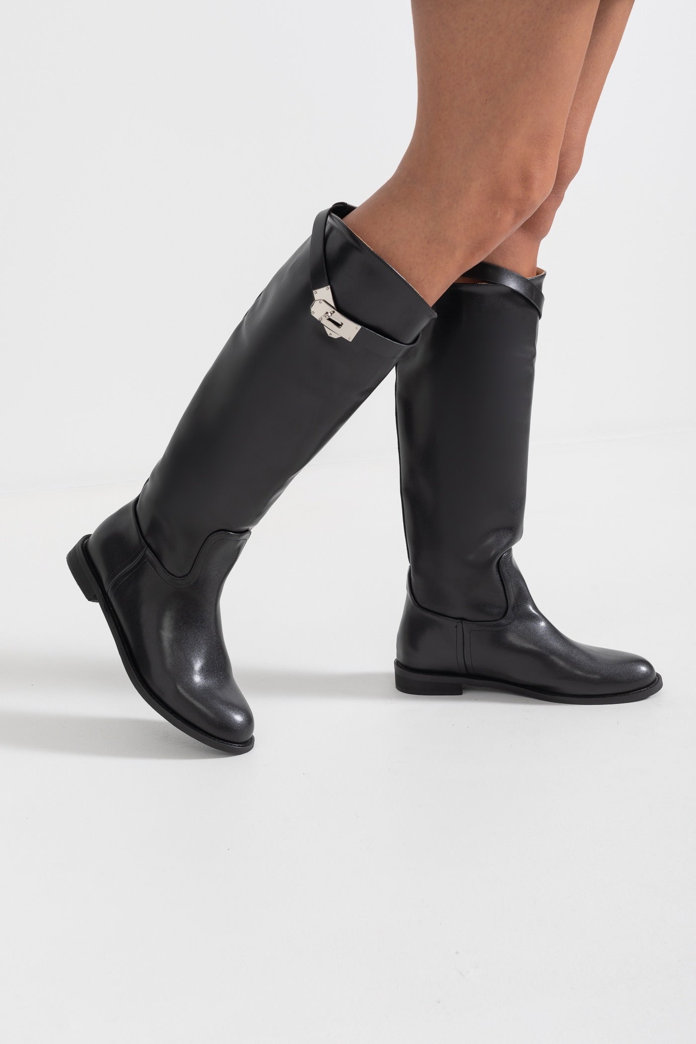 Vegan Leather Tall Boots With Decorative Top Strap - Black