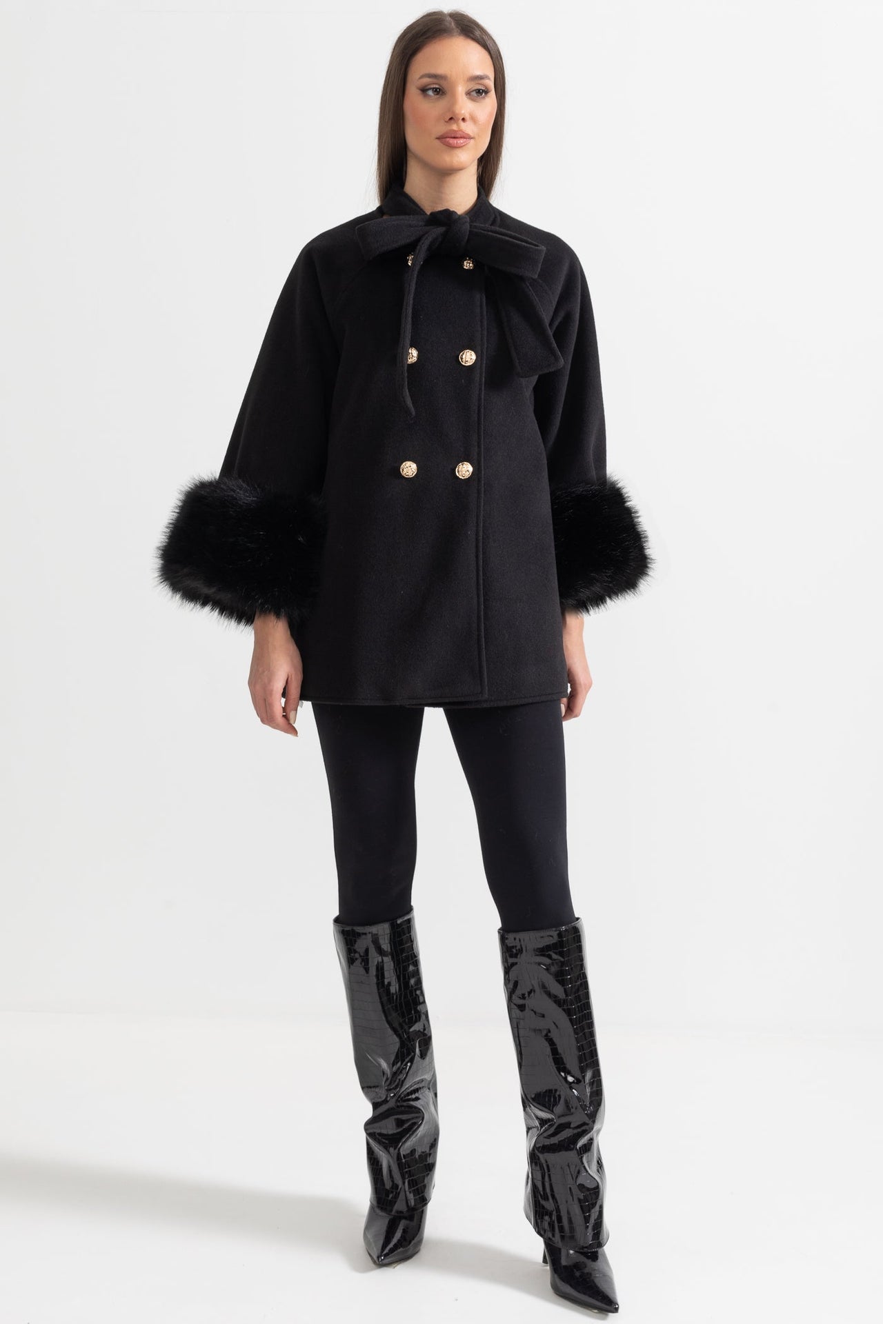 Double Breasted Overcoat With Fur Cuff Accents And Neckline Ribbon - Black