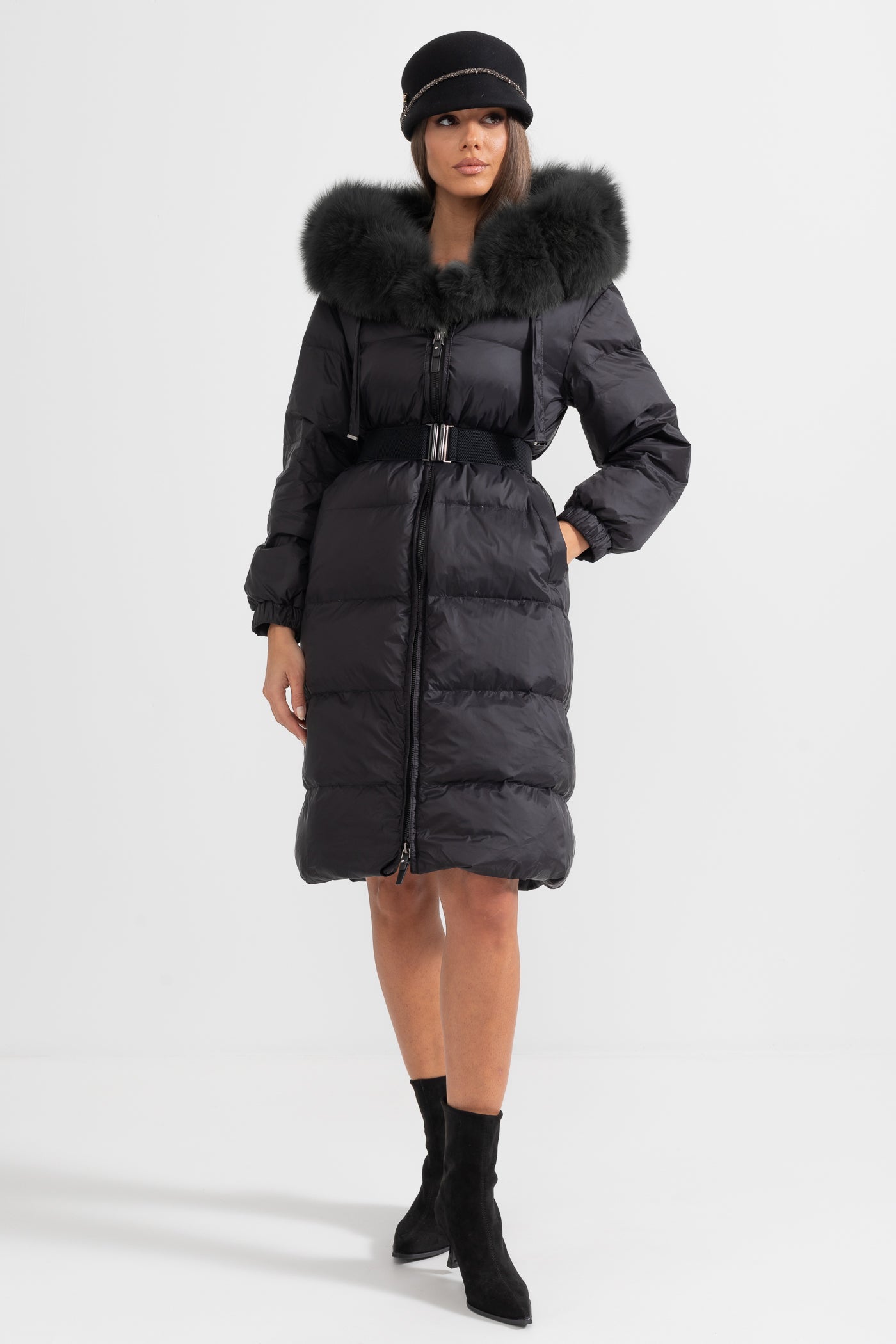 Long Puffer Jacket With Black Fox Fur-Lined Hood - Black