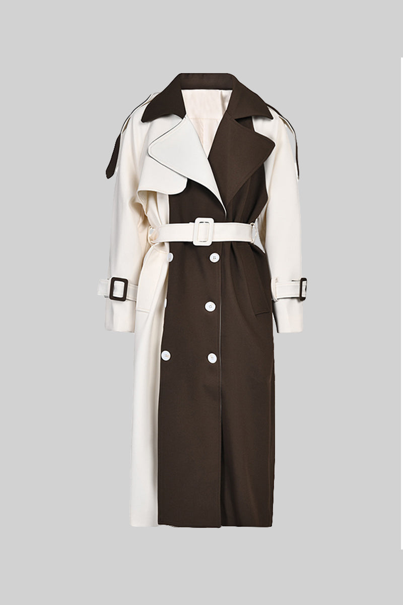 Bicolor Double Breasted Trench Coat - Cream&Brown