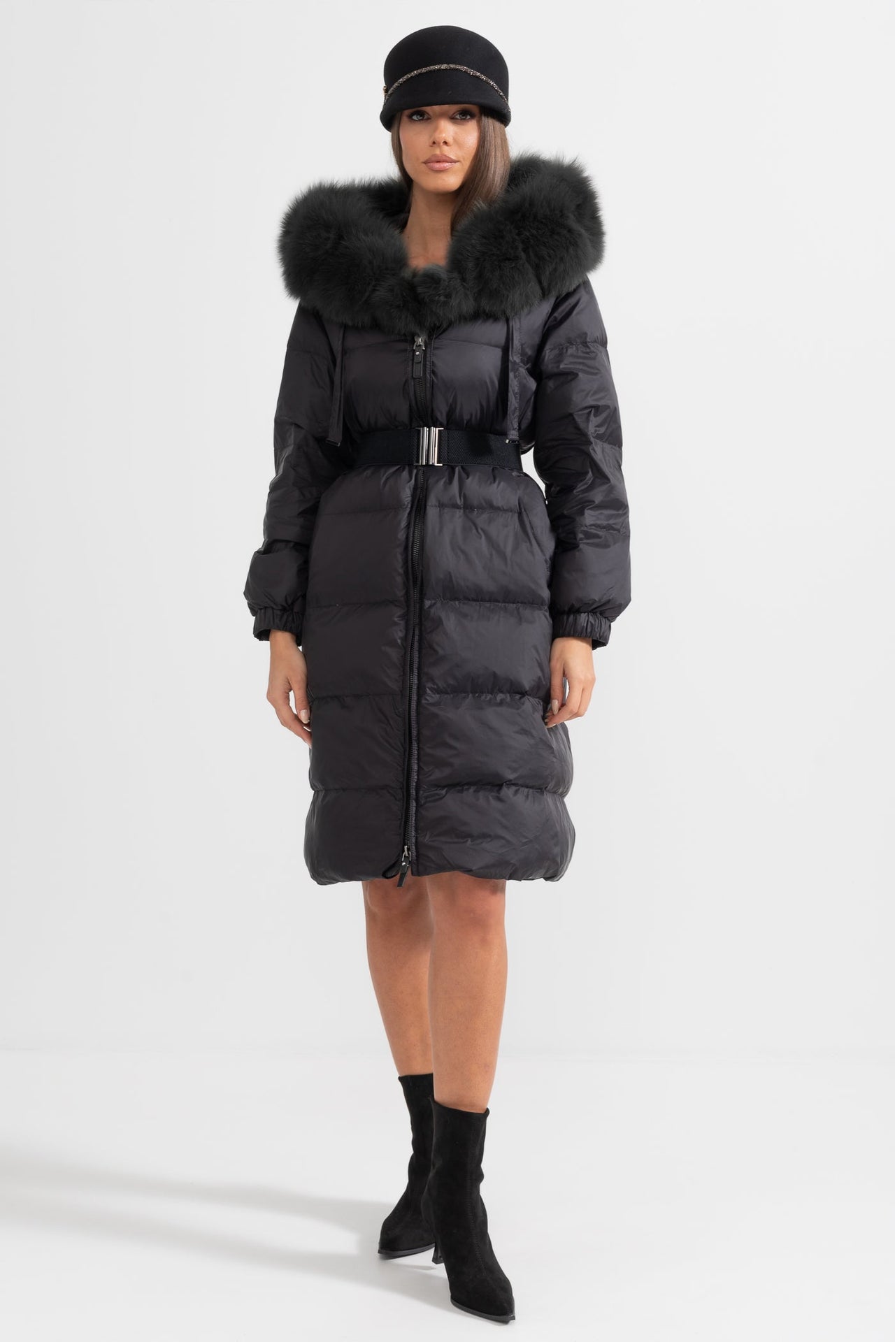 Long Puffer Jacket With Black Fox Fur-Lined Hood - Black