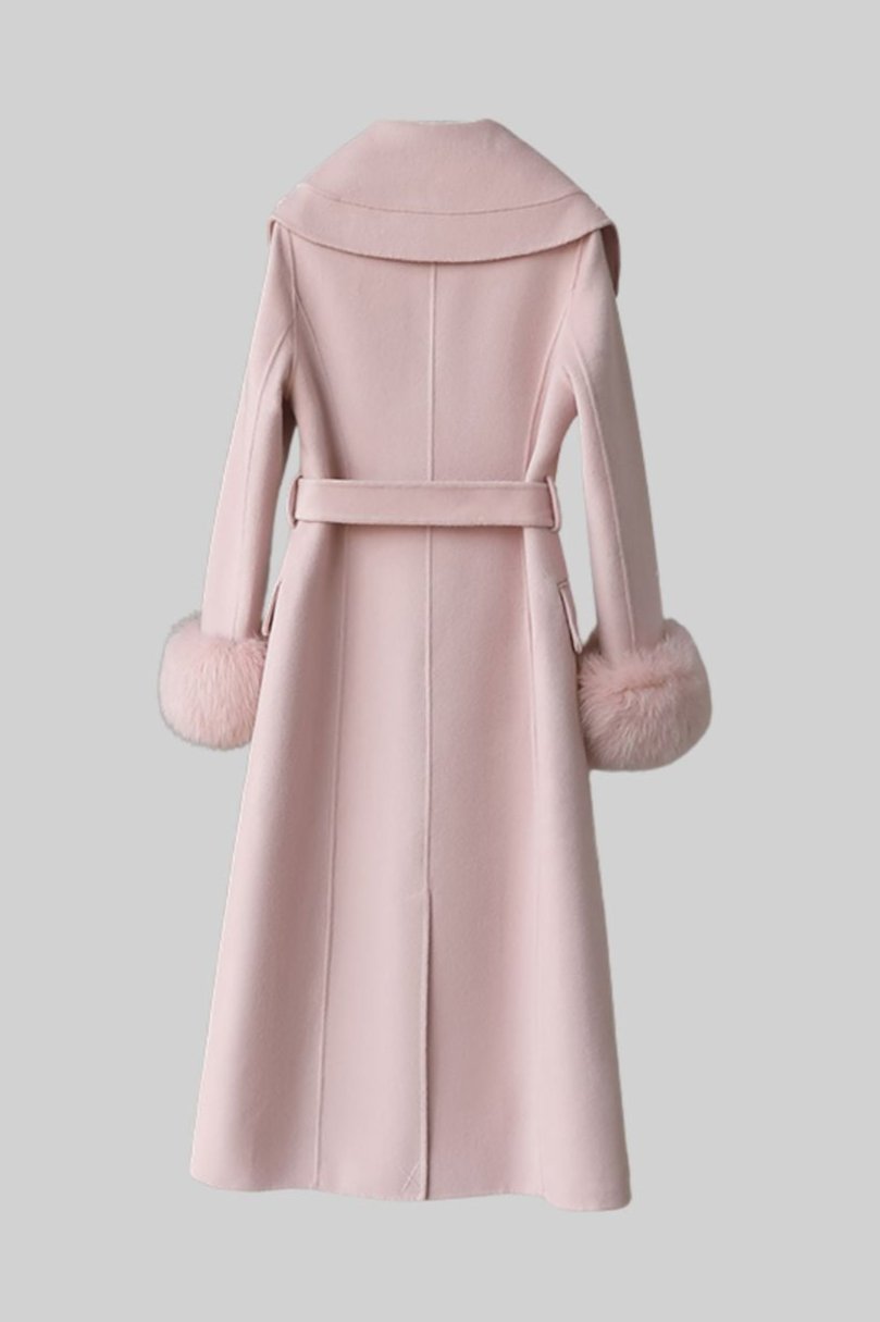 Cashmere Overcoat With Fox Fur Cuffs And 3D Floral Detailing - Pink