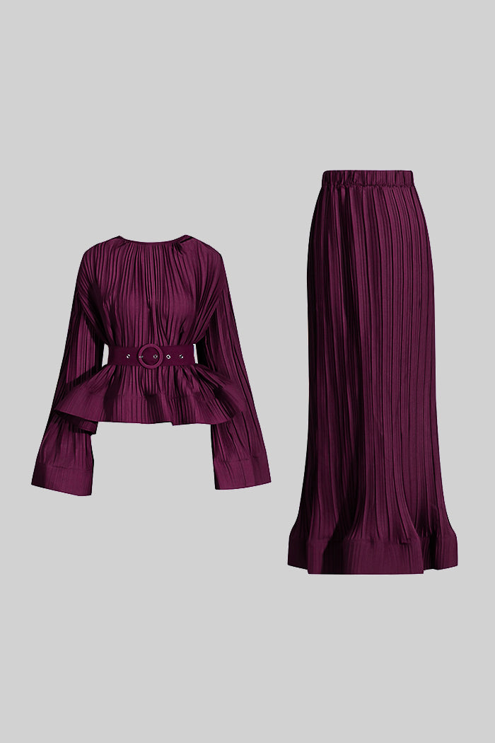 Elegant Ensemble With Pleated Top And Maxi Skirt - Burgundy