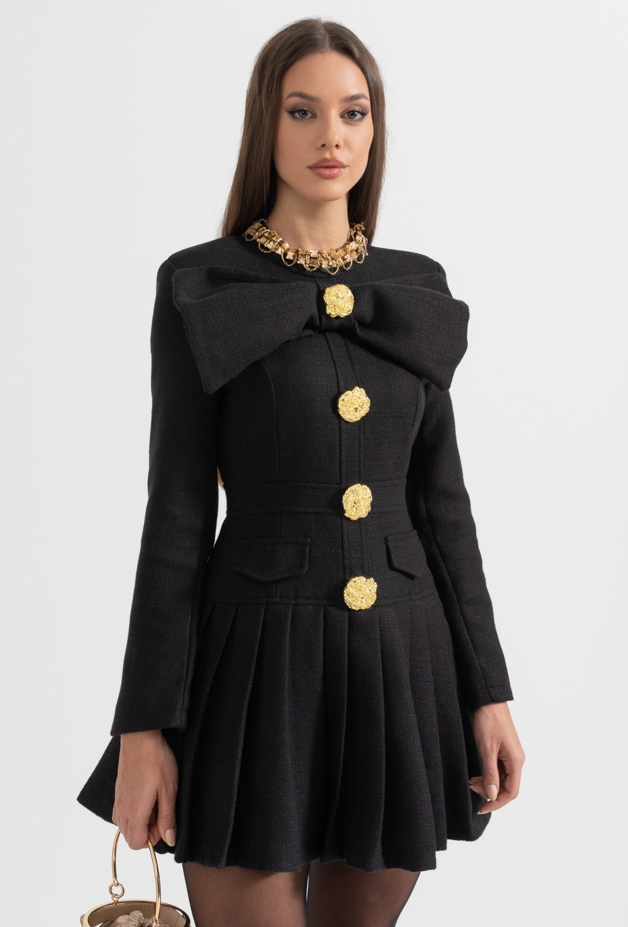 Buttoned Dress With Large Decorative Gold Buttons And Neckline Bow - Black