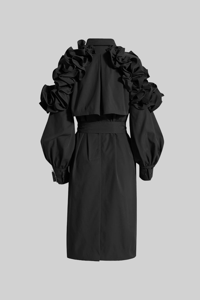 Ruffled Trench Coat - Black