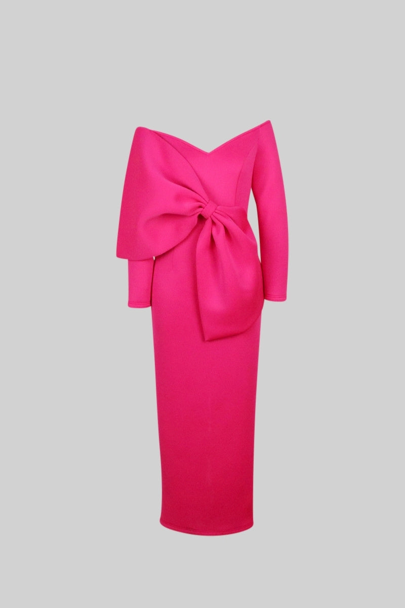 Long Sleeve Cut Out Ribbon Midi Dress - Fuchsia