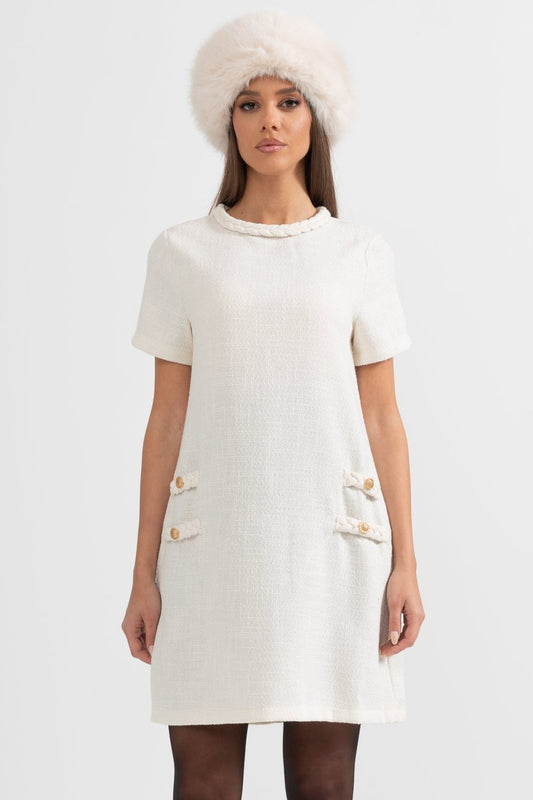 Short-Sleeve Textured Dress With Braided Accents - Ivoire