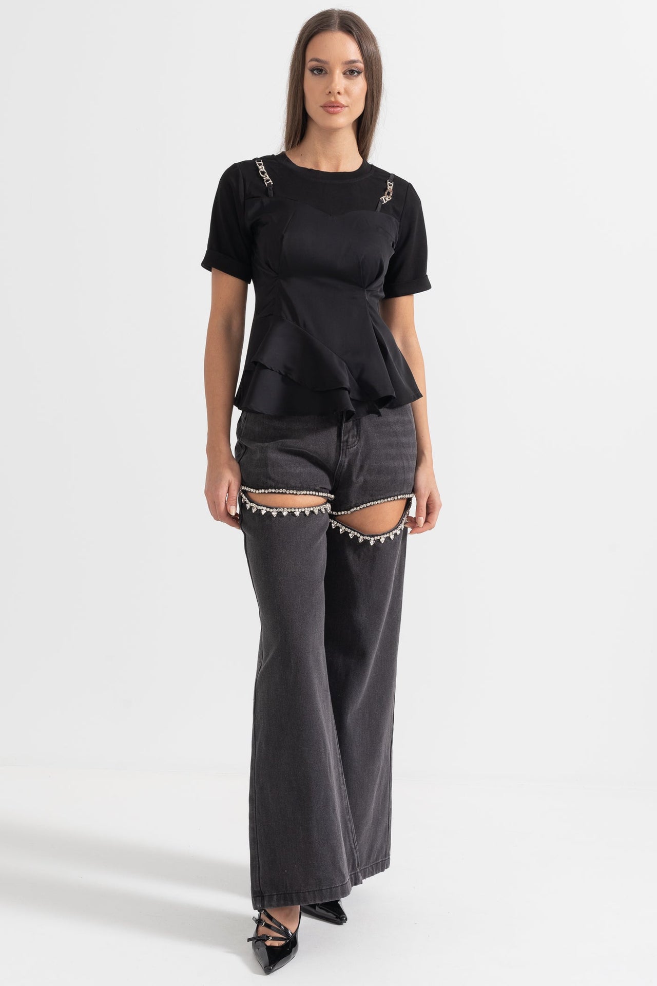 Asymmetrical Pleated Top With Shoulder Chains - Black