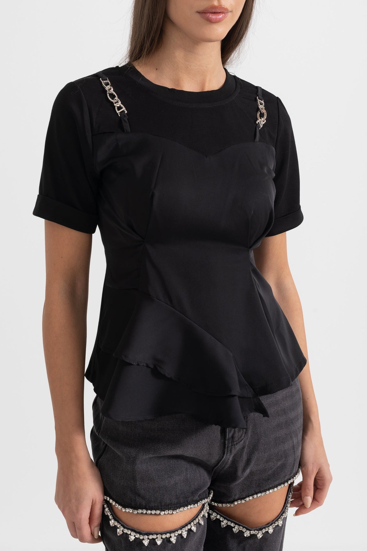 Asymmetrical Pleated Top With Shoulder Chains - Black