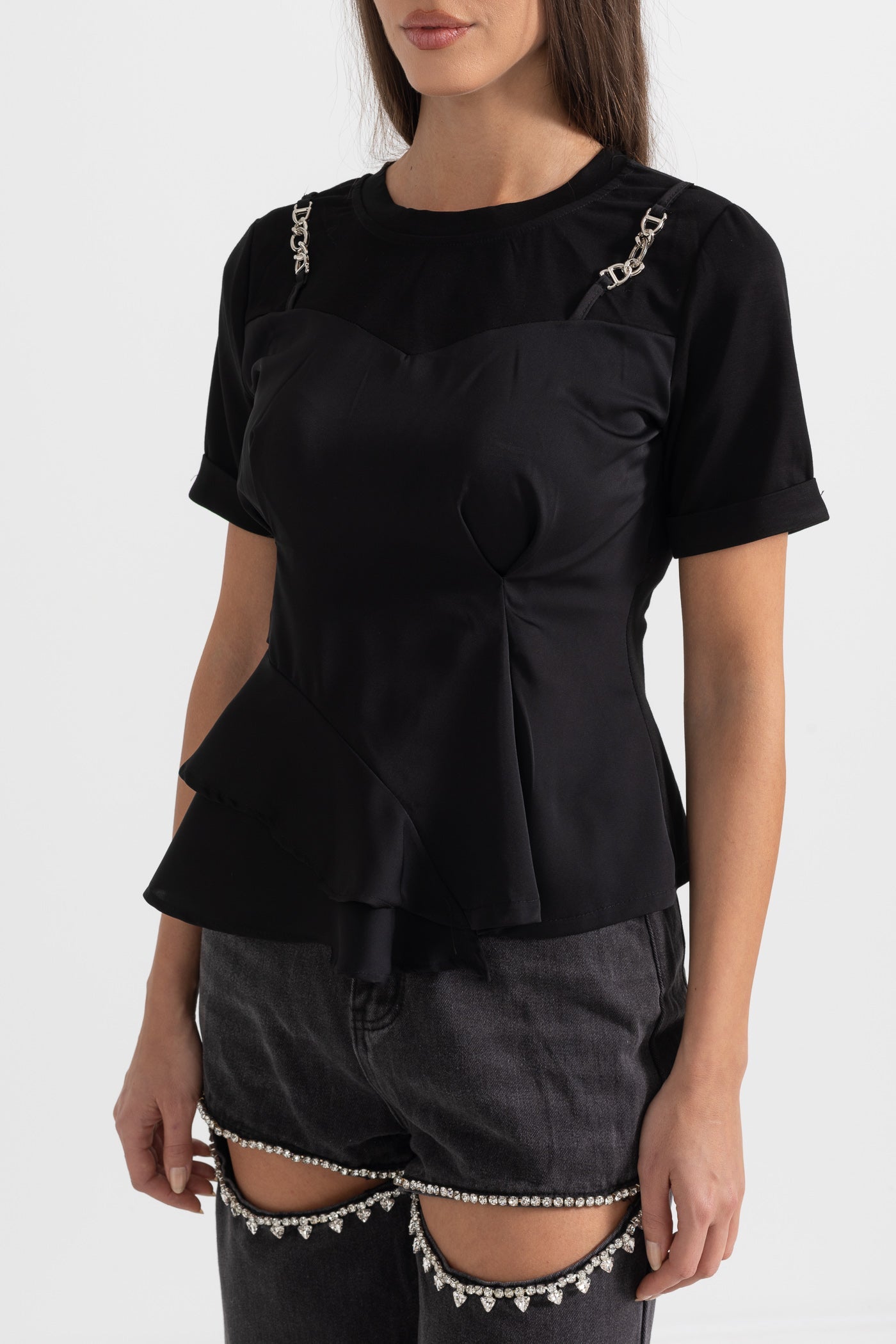 Asymmetrical Pleated Top With Shoulder Chains - Black