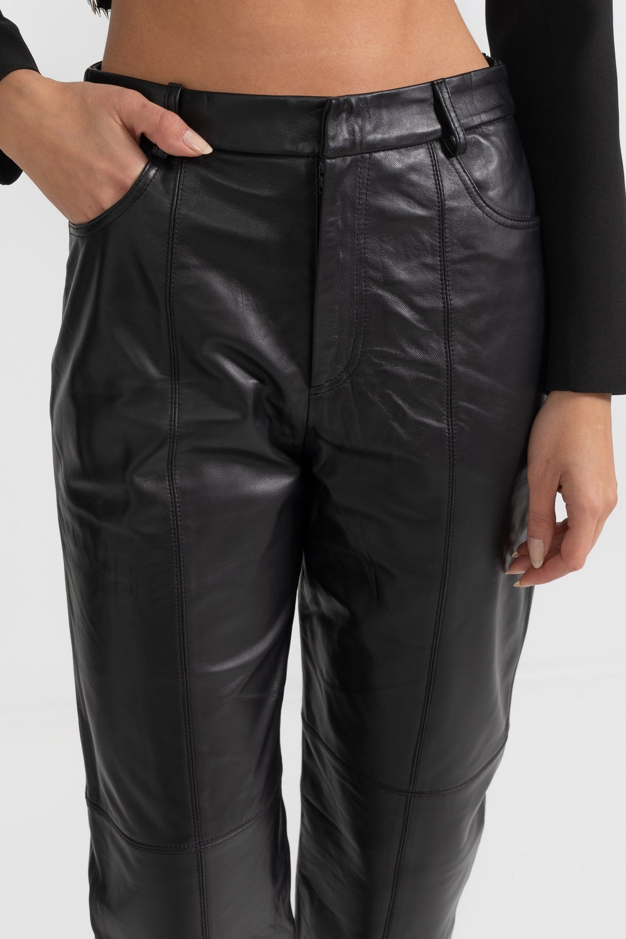 Leather Straight Leg Trousers With Decorative Stitching - Black