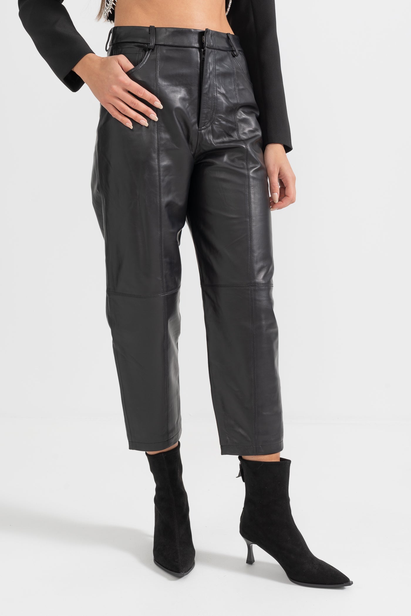 Leather Straight Leg Trousers With Decorative Stitching - Black