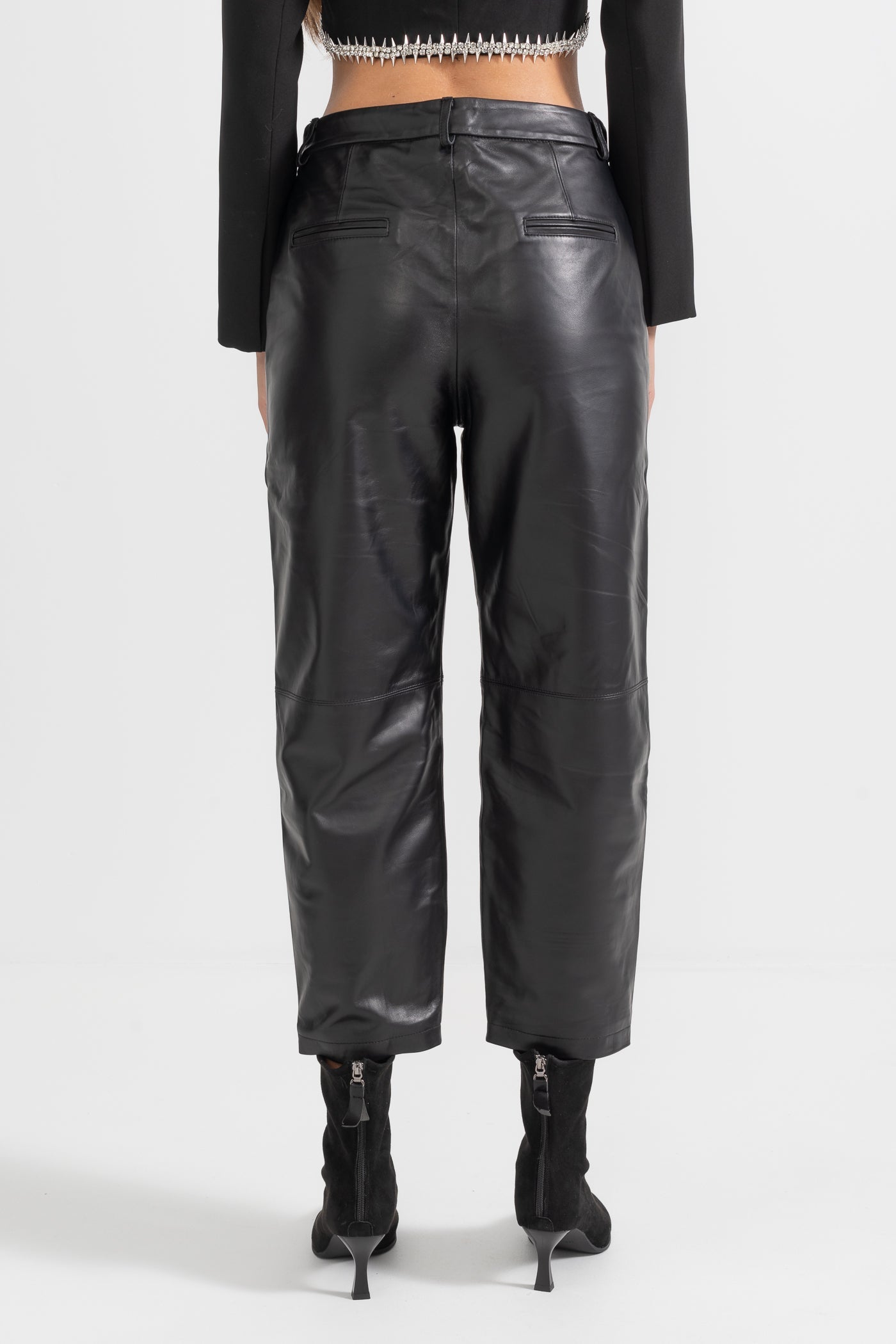 Leather Straight Leg Trousers With Decorative Stitching - Black