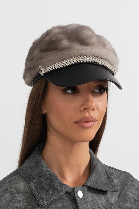 Mink Fur Hat With Leather Visor - Gray