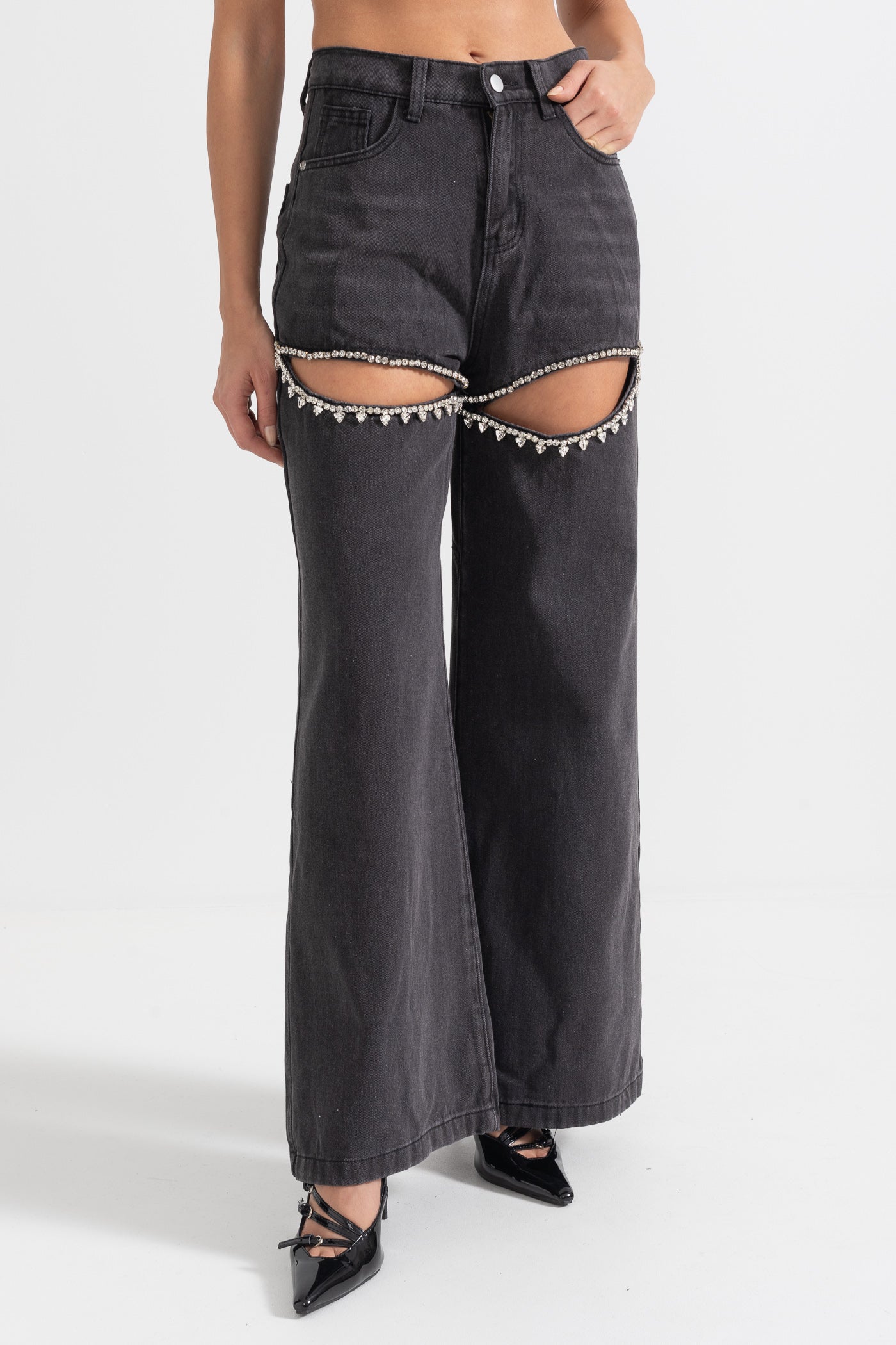 High-Waisted Jeans With Thigh Cutouts - Black