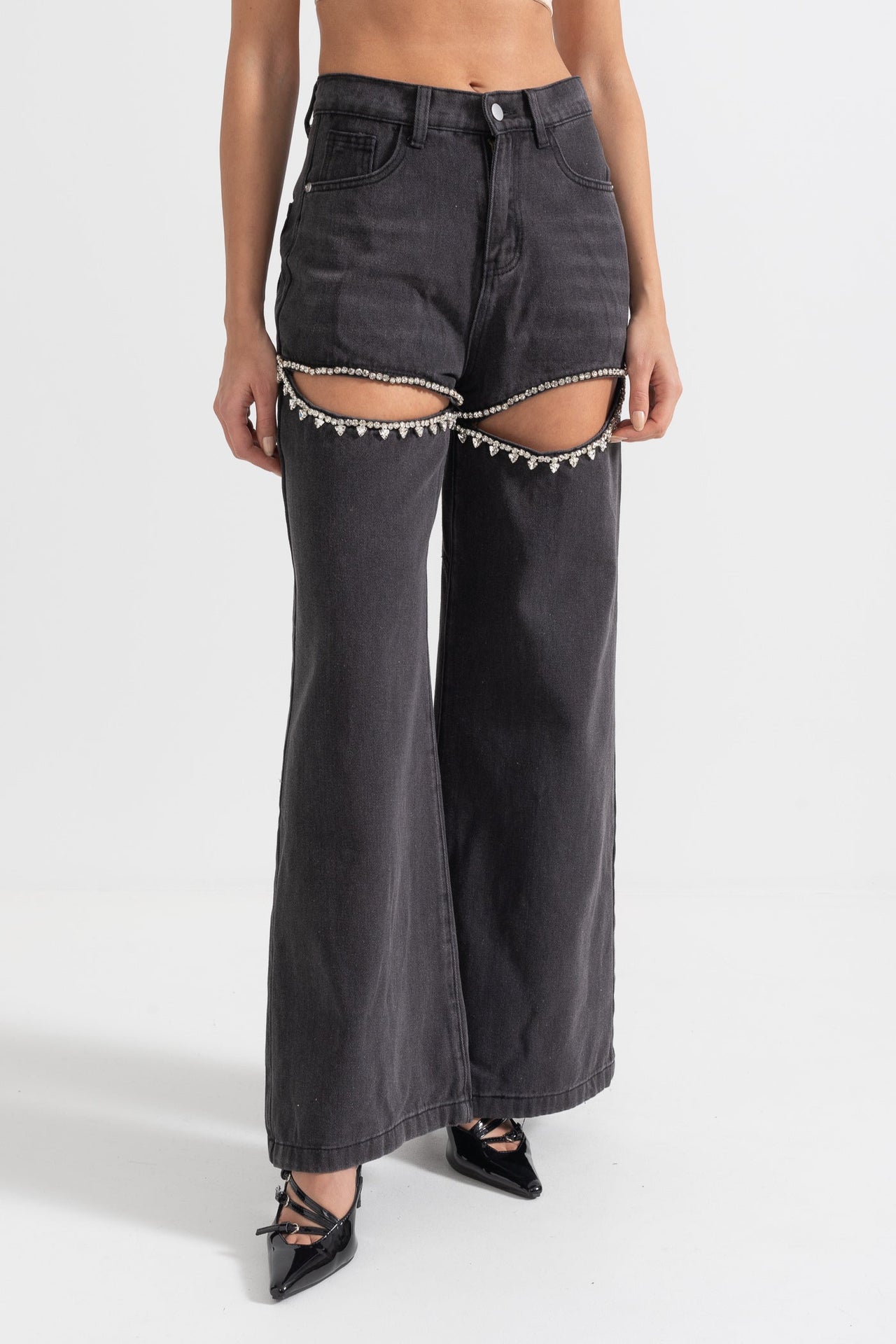 High-Waisted Jeans With Thigh Cutouts - Black